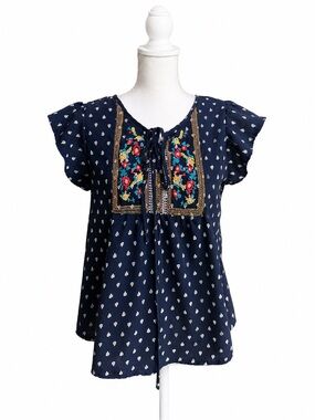 Cottage Core Embroidered Floral Navy Peasant Top